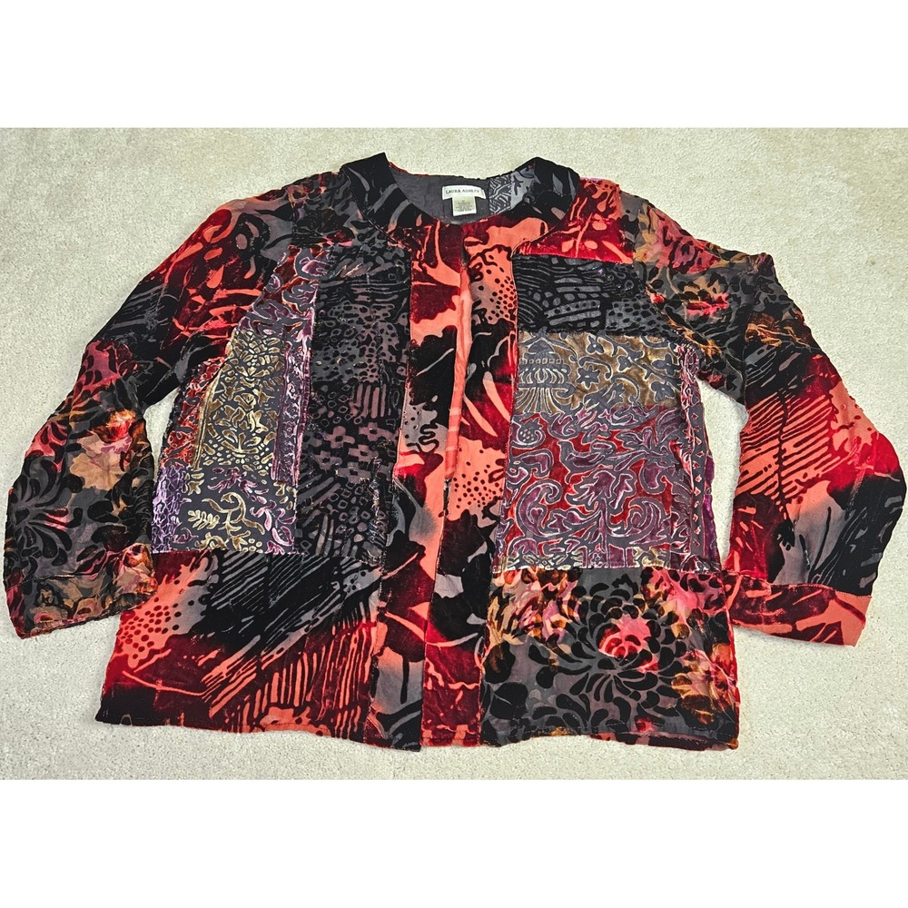 Laura Ashley Velvet Burnout Patchwork Blouse Top M Red‎ Black Bohemian Festival